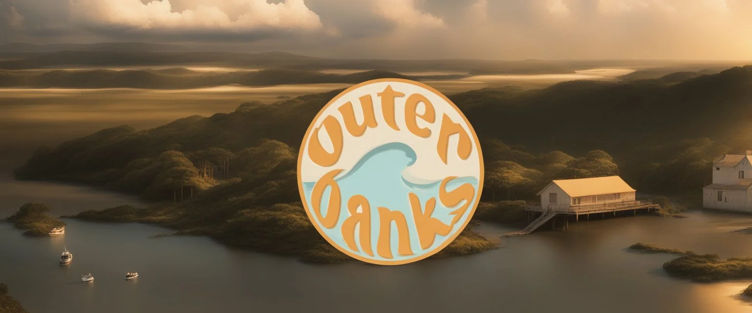 Netflix's Outer Banks, with elements of new york landscape and a Blackpool tower, Miami scenery, and Wild west aspects, with boats, also elements of Devon, in one giant land, realistic, drone shot, background. Scenery, yellow sky, Outerbanks, Outerbanks, Outer Banks, Netflix Outer Bank's, Y2K, Huge landscape, a whole island, The Outer Banks, greenery, golf course, rich neighbourhood.