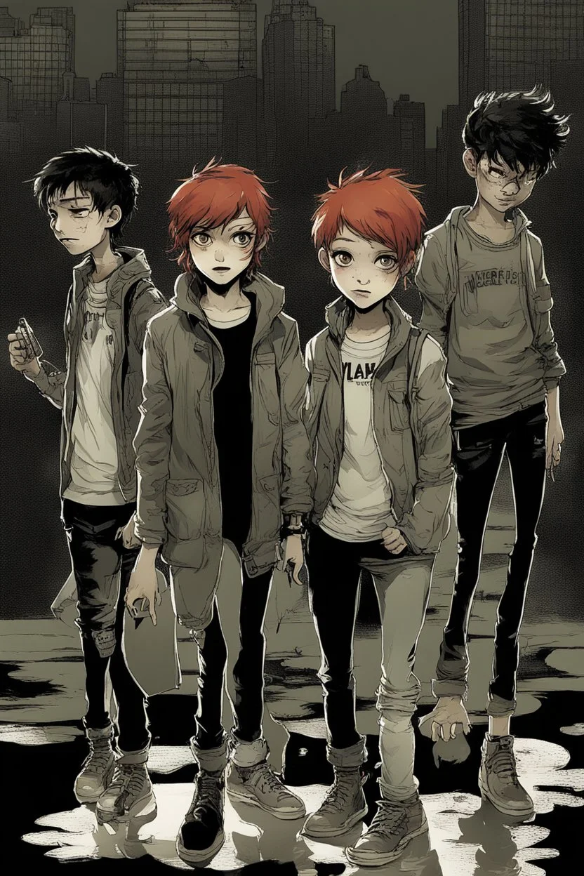 First plan: three 13-15-year-old detectives - two brothers with red hair. One is tall and skinny, second is a little chubby and a girl with a punk look, dark clouds and brown hair, strong make-up with the black cat. Second plan: a group of teenagers turned into computer-addicted zombies. Everything is located in an old town.