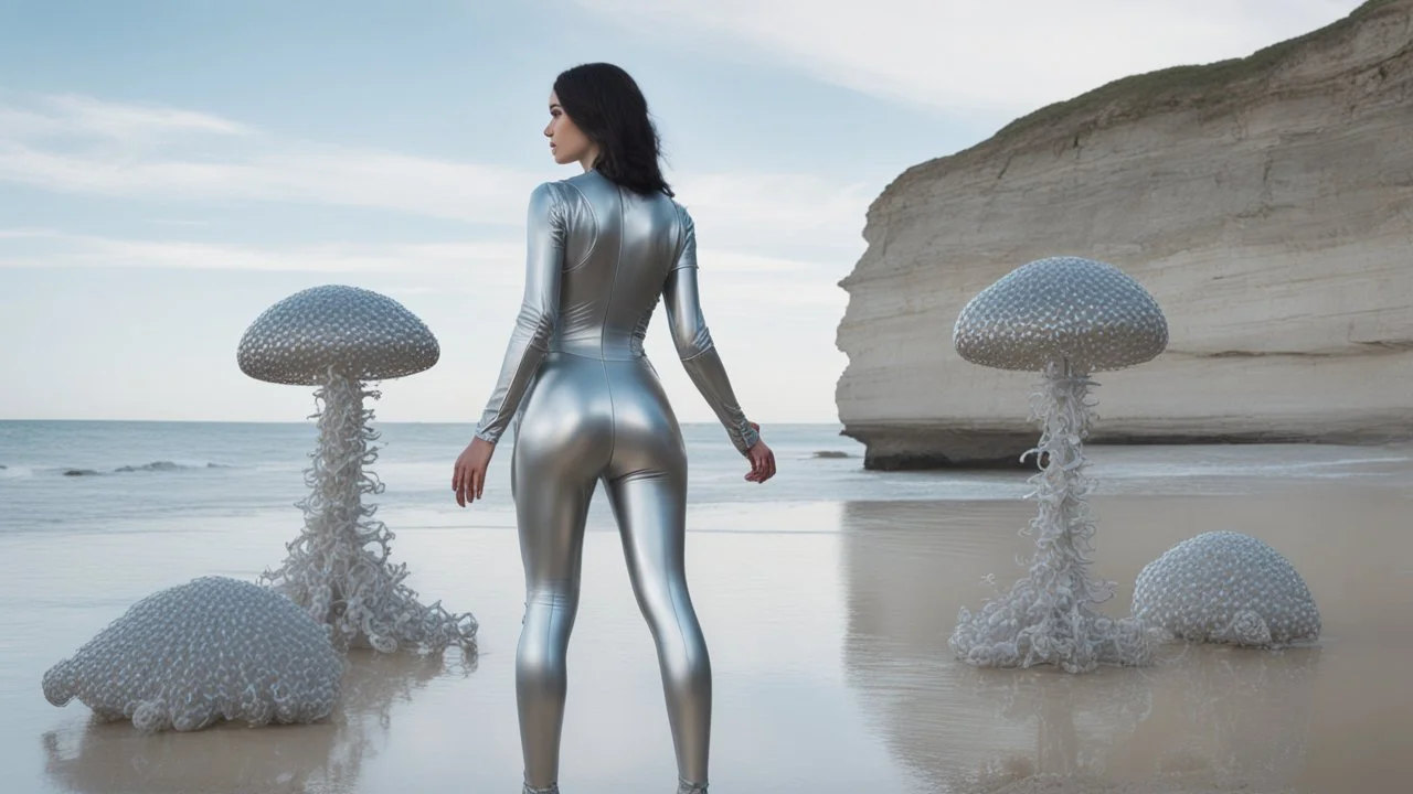 Wide-angle shot of a woman, standing to one side, with dark hair in a silver robotic catsuit, standing on a beach, flying mushrooms with jellyfish tentacles floating above her