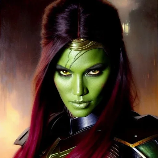 portrait beautiful face Gamora,busty,ancient metal armor balanciaga fashion clothe painting by gaston bussiere, greg rutkowski, yoji shinkawa, yoshitaka amano, tsutomu nihei, donato giancola, tim hildebrandt, oil on canvas, cinematic composition, extreme detail,fit full head inside picture,16k