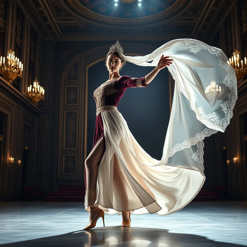 A full-body cinematic photograph of a graceful Azerbaijani woman performing a traditional national dance. She wears an intricately embroidered velvet bodice and a flowing long silk skirt. On her head is a small ornate traditional crown with a long, translucent white lace veil flowing elegantly behind her. She stands in a poised, elegant dance pose on a sleek modern performance stage with dramatic professional spotlighting. The stage is set inside a massive opulent royal hall with high ceilings,