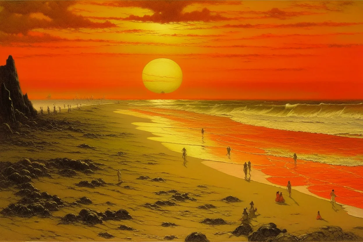 An orange colored beach with a seashore painted by John Atkinson Grimshaw