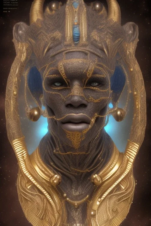 black male African Egyptian alien, cracks in the voodoo head, wicked, eyes, crown, Elephant, 8k, finely detailed, photo realistic, tiger turquoise skull head gold dragon space alien snow skeleton gold fang teeth silver crown silver eyes