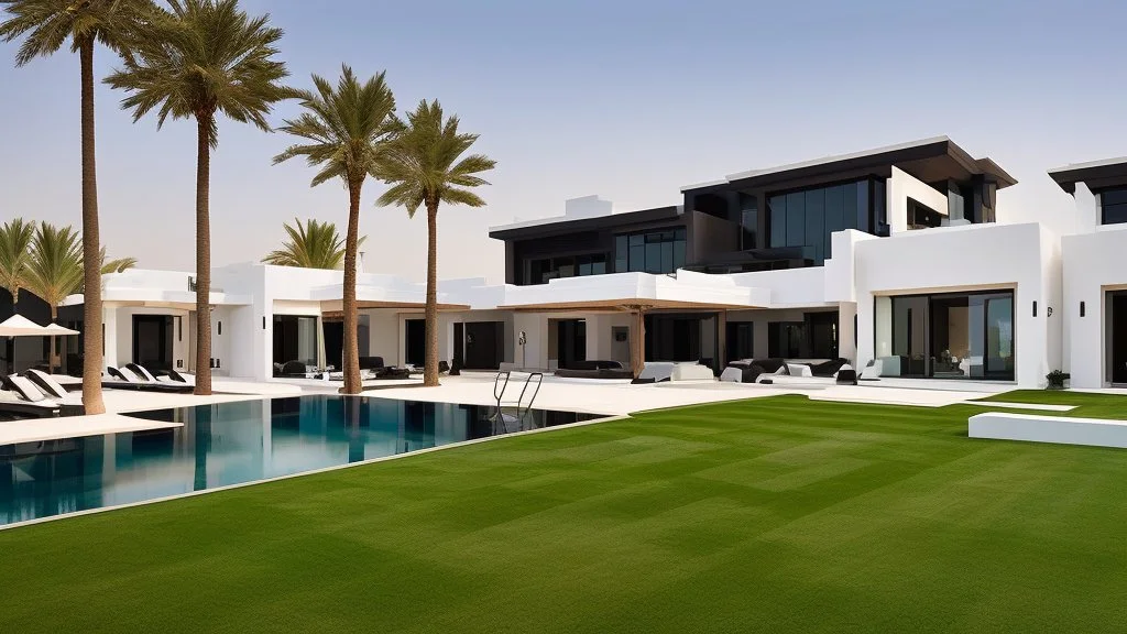 Description of a modern Emirati style villa: Located on a magnificent piece of land in the heart of the Emirates, our villa embodies the finesse of design and detailing that promises a luxurious residential experience. This two-story villa, with its elegant and contemporary spaces, stands out. The exterior walls of the villa are made of black and white stones, adding an elegant and luxurious touch to the design.Pictures of the villa from four sides