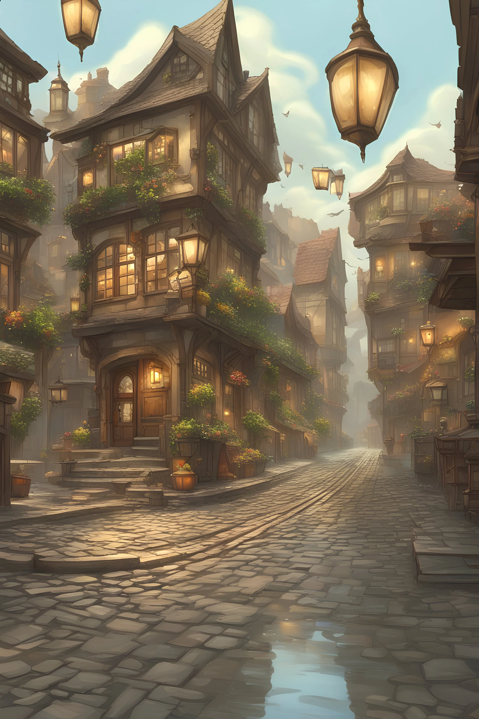 Fantasy city street with cobblestone, moist from rain on sunny day, lots of shops and people