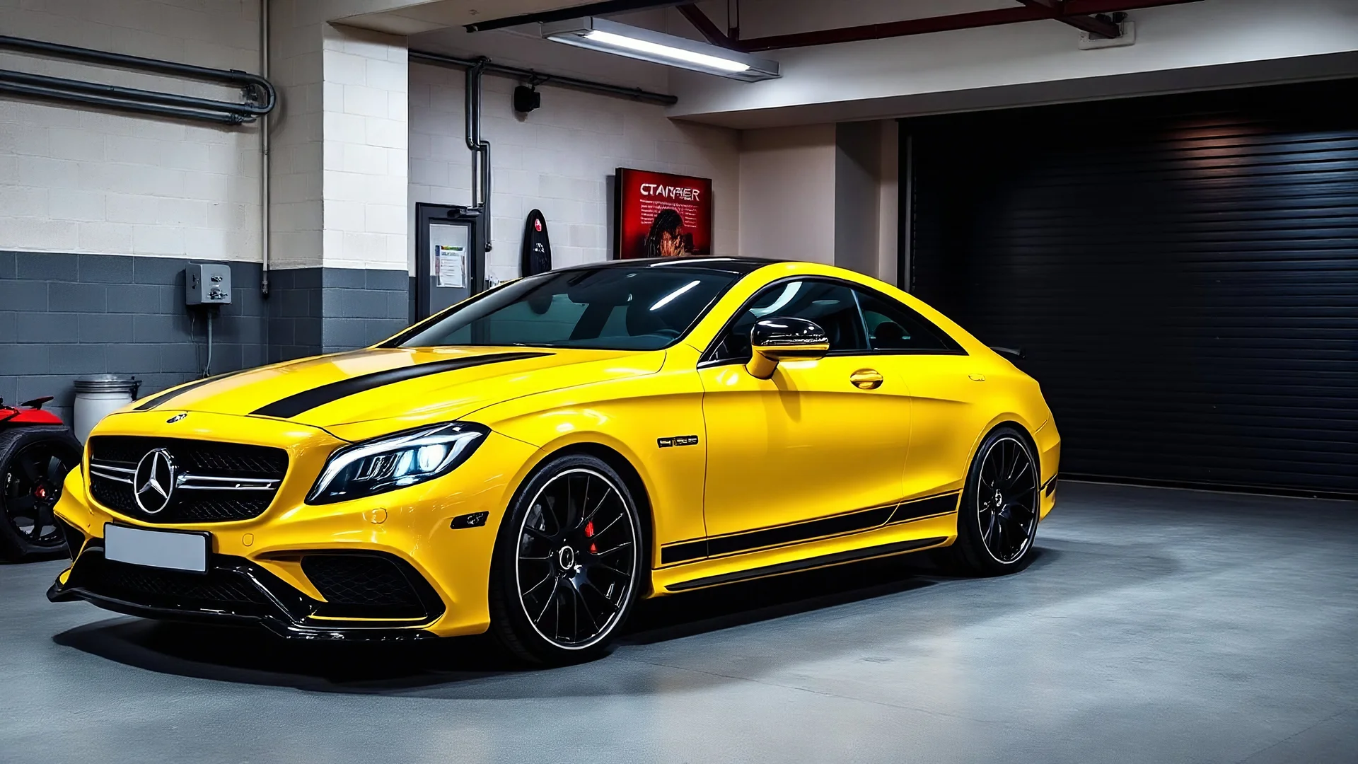 A tuned yellow Mercedes-Benz CLS 550 or black stripes parked in a luxury garage