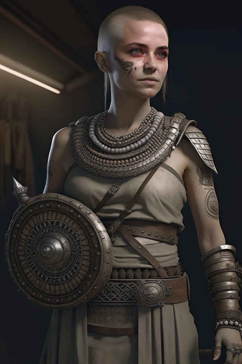 full length, gangly, 22-year old, shaved head, grey-eyed female human with a beaded necklace, bare face, scale mail, sickle and shield