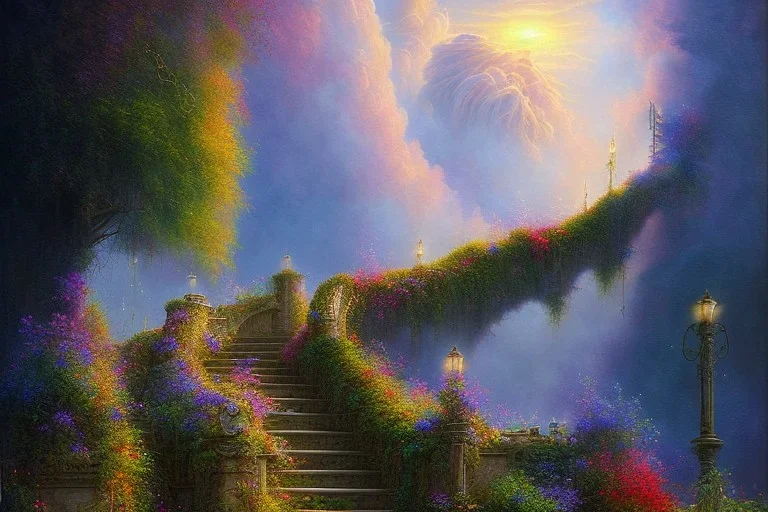 long stairway to heaven, atmospheric, mystical, beautiful colours, romanticism, fantasy, Neo-Impressionism