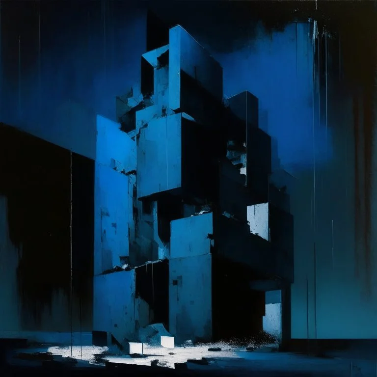 Minimal abstract oil painting of concrete fragments of body brutalist architecture and illuminated at night. Blue In the style of Justin Mortimer and Phil Hale and Ashley Wood