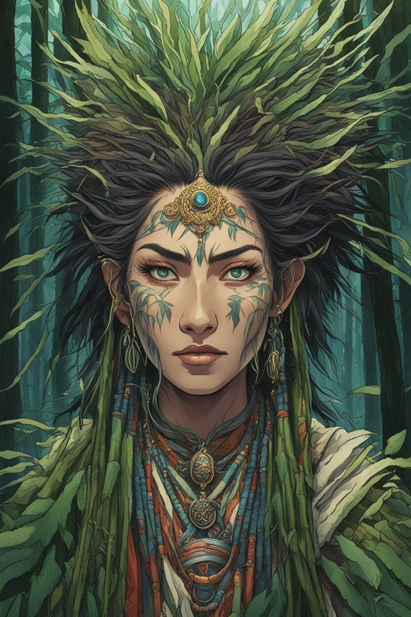 full color front facing portrait of a spirit possessed female shaman with highly detailed hair and slim, narrow facial features, trekking through haunted mountain bamboo forest, pierced by shafts of early evening light , danger lurks everywhere but she is undeterred and resolute in her purpose, art in the style of spirited away, studio ghibli, 8k , finely detailed and precise line work, soft gauzy pastel colors