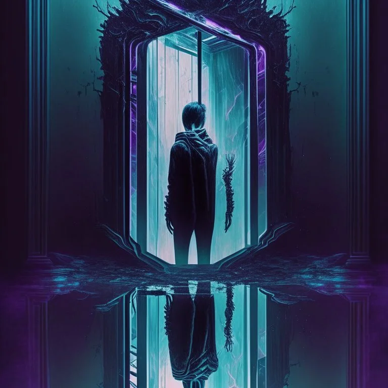 Stuck in this void place... the image Within the mirror, "X-RAY MIRROR", dark sci-fi fantasy, mirrorcore, artistic, surreal, sinister, profound, dramatic, vaporwave, digital painting