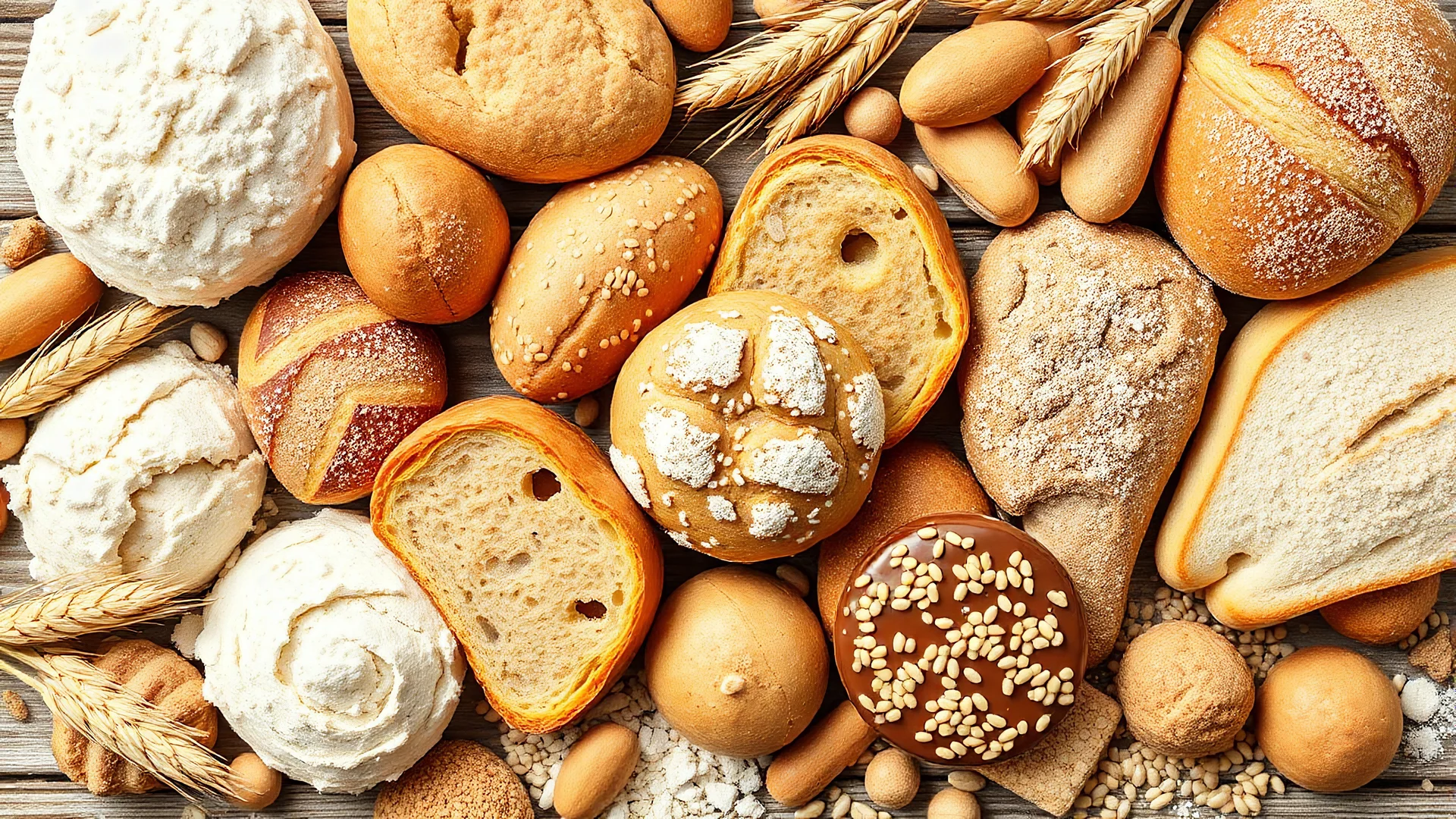 A design full of all kinds of real bread and sweets, decorated with wheat ears, flour, wheat seeds, barley and sesame seeds.