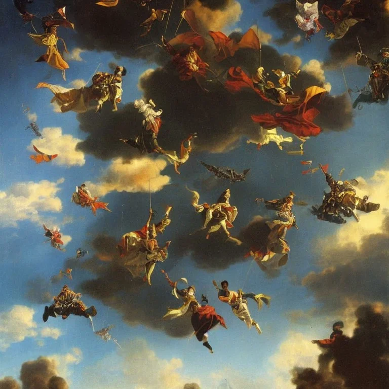 The great parachutes of the magicians descend from the clouds