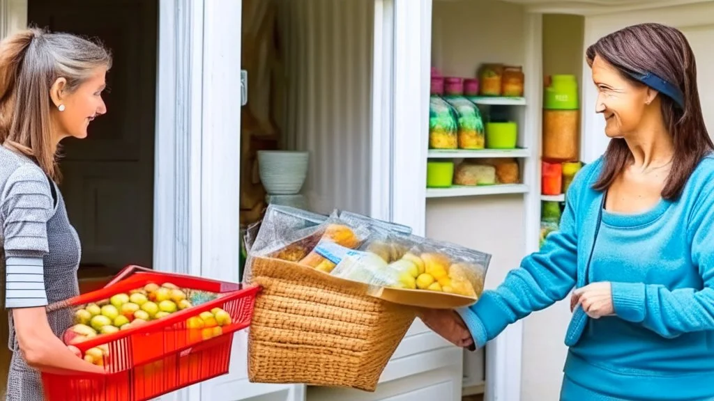 suspicious young woman sells her groceries to lady at house