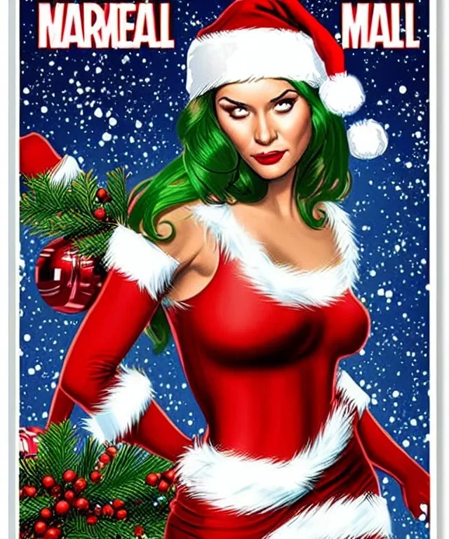 woman elve. Christmas scene. poster. marvel comic. low-key