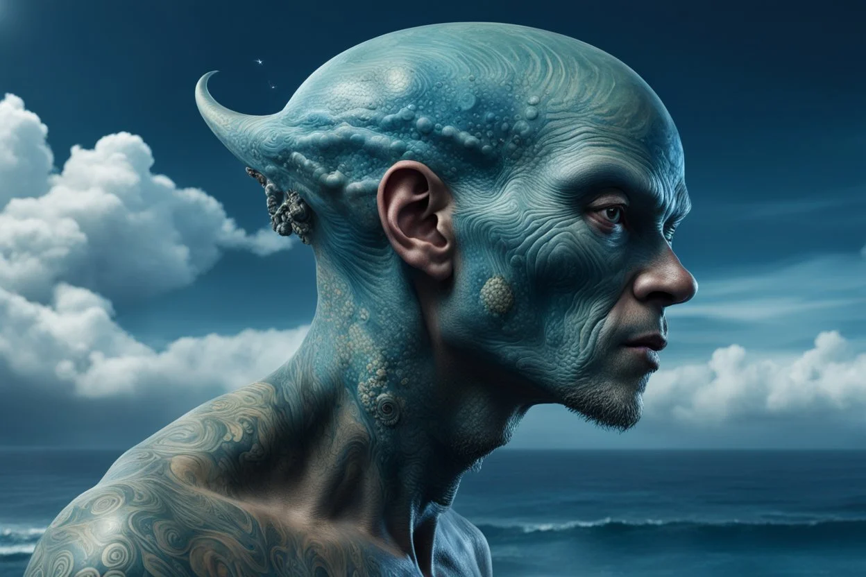 professional portrait of a alien race tatooed typ, the head with 3d bony growths under the skin on the head normal face full body side view the backdrop sea and clouds the sea is ocean_blue the male is natural colored , abstract beauty, approaching perfection, delicate face, dynamic, moonlight, highly detailed, digital painting, artstation, concept art, smooth, sharp focus, illustration, art by Carne Griffiths and Wadim Kashin, shot with Sony Alpha a9 Il and Sony FE 200-600mm f/5.6-6.3 G OSS