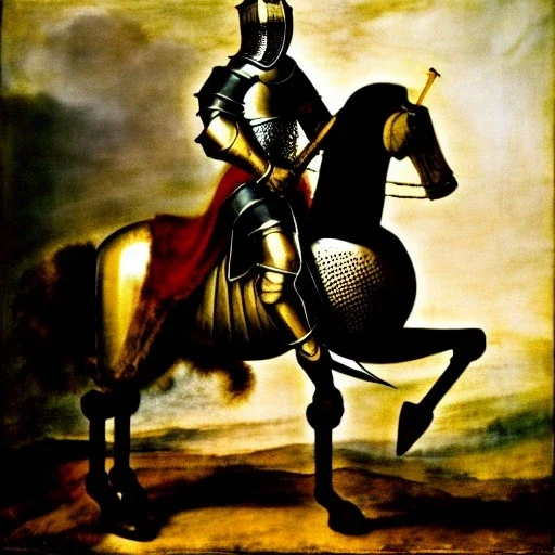 retrato de un caballero medieval con armadura montando un Pegaso con estilo de Rembrandt