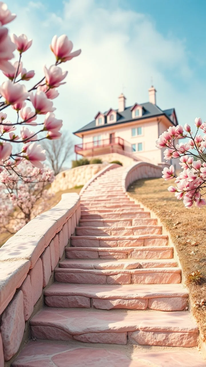 foreground path of a stair to the top of beautiful house on the hill pink glossy stone pastel, pink stones shades, magnolia branches, blurred background, fantasy world in pastel in light pink tones, beautiful blue sky with clouds and fog