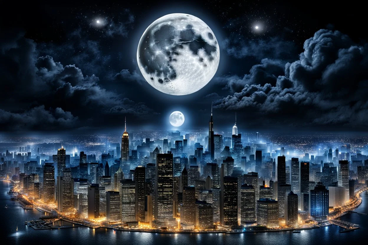 one big mystic full moon over the city, dark night, high detailied , high realistic, high qulity, stunning, perfect photo