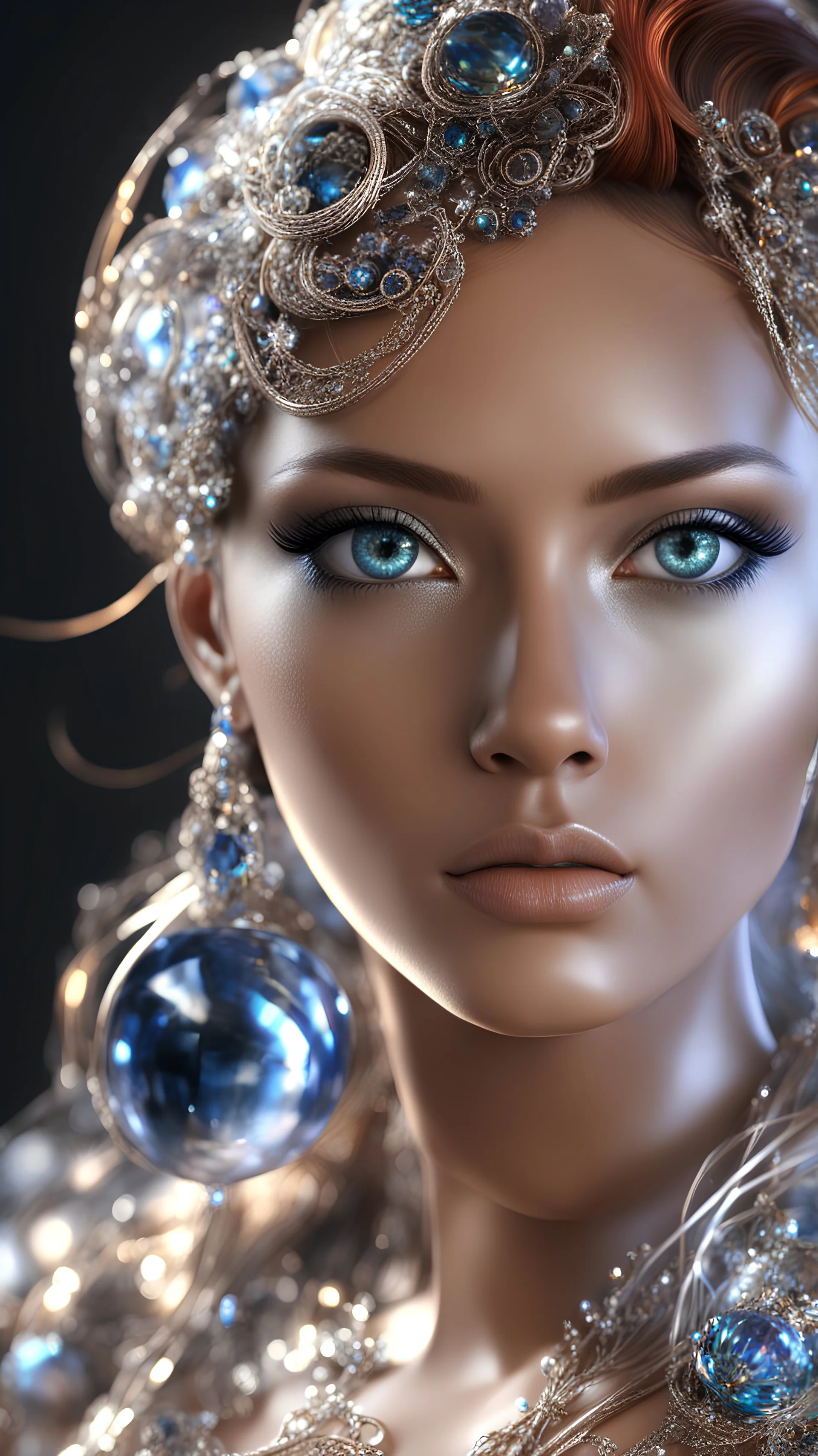 AI 3d photo realistic portrait of young woman, beautiful, shiny hard eyes, make up, Fantasy style, shiny baubles, ornate, large gemstones, shiny molten metalics, shiny wire filigree, wild hair, high definition, high res, octane render, 64k, 3d