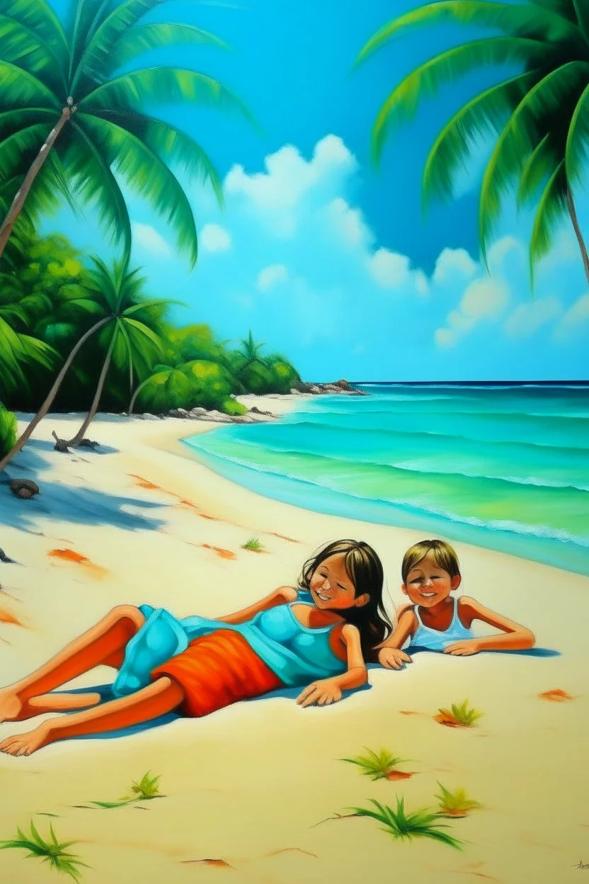 tropical beach two childeren and a woman lying paining