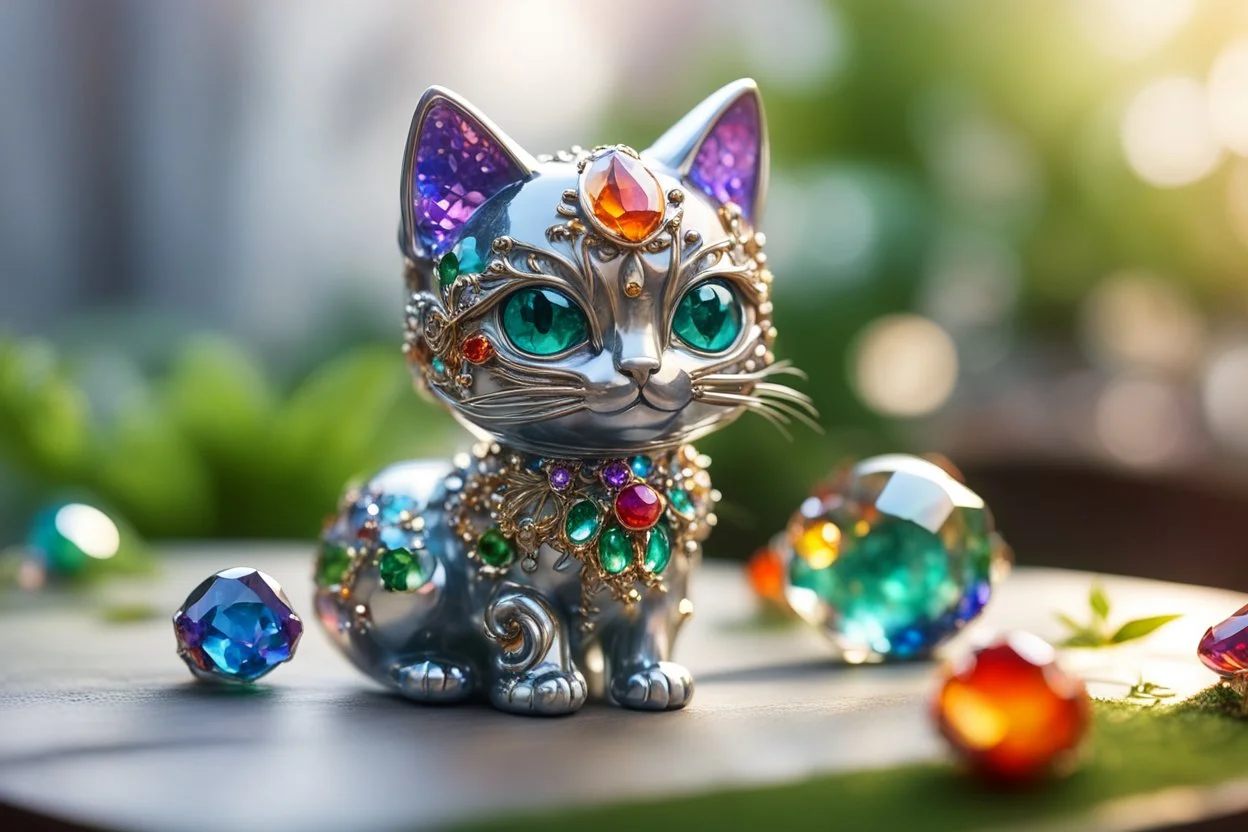 Coloured glass cute chibi cat in the garden set with gemstones, glittering metal stems and gemstone leaves on a room table sharp focus elegant extremely detailed intricate very attractive beautiful dynamic lighting fantastic view crisp quality exquisite detail gems and jewels S<AI in sunshine Weight:1 Professional photography, bokeh, natural lighting, canon lens, shot on dslr 64 megapixels sharp focus Weight:0.9