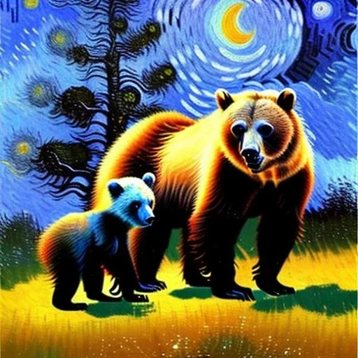 Dibujo al oleo de un oso grizzlie con su cria en el bosque con nubes estilo Vincent van Gogh