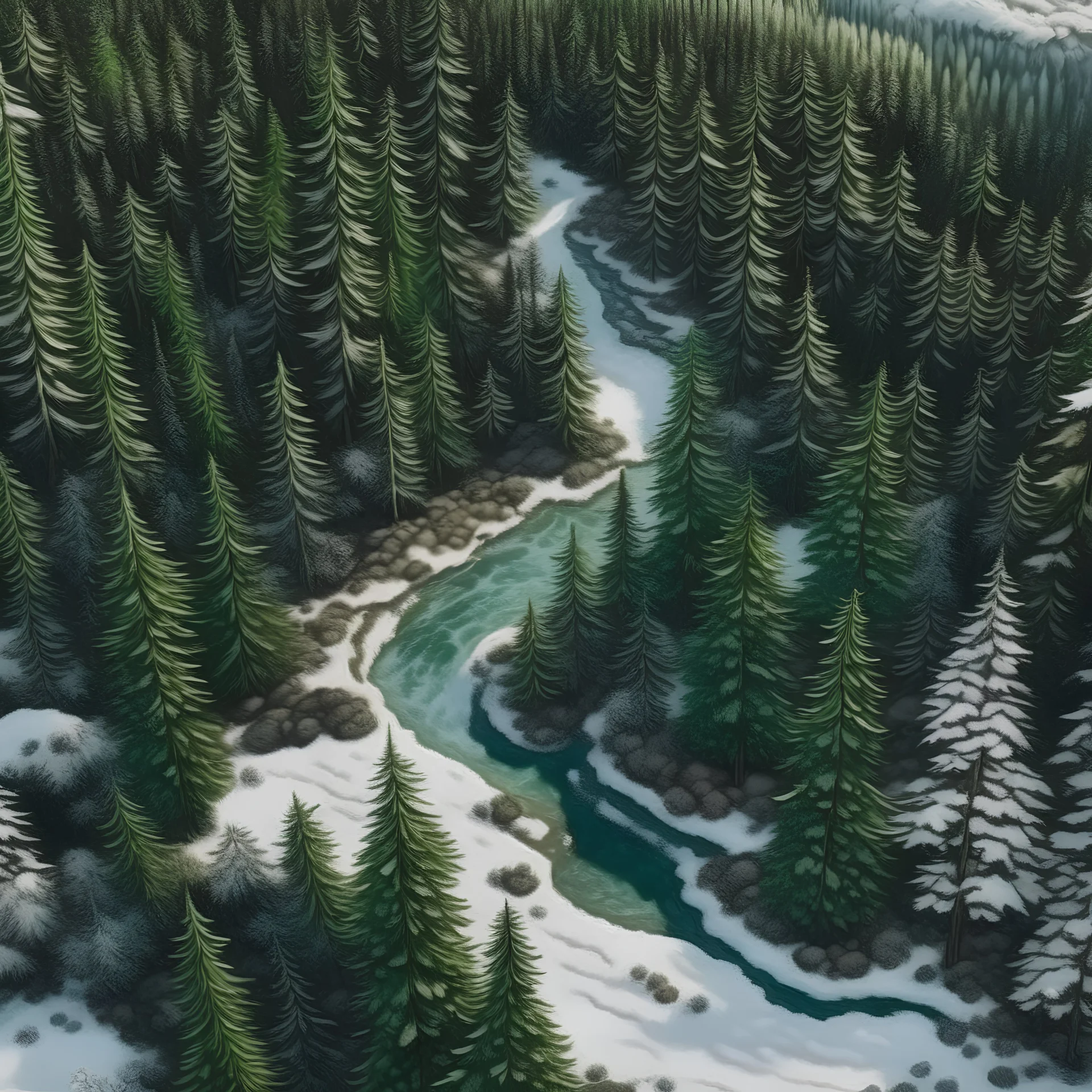 immergrüner, verschneiter Waldblick von oben mit kleinem Fluss, sieht aus wie der Schwarzwald, hyperrealistisch