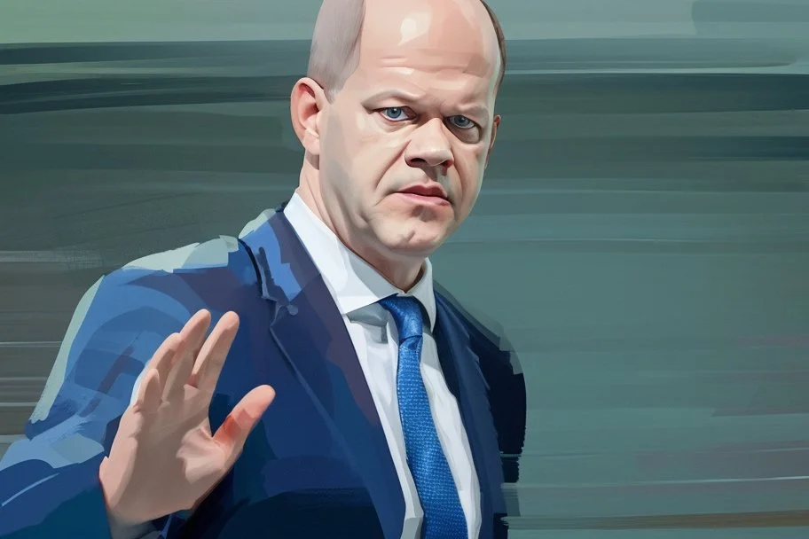 side view of Olaf Scholz walking, concerned expression, waving hand, pressed lips; in abstract style; caricature exaggeration;