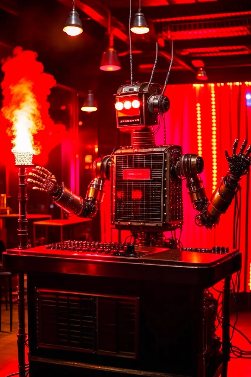 A hard rock robot hosts a radio show in a burning club