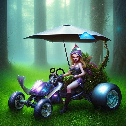 close up on elf in trike in magical forest, spray painting, book illustration