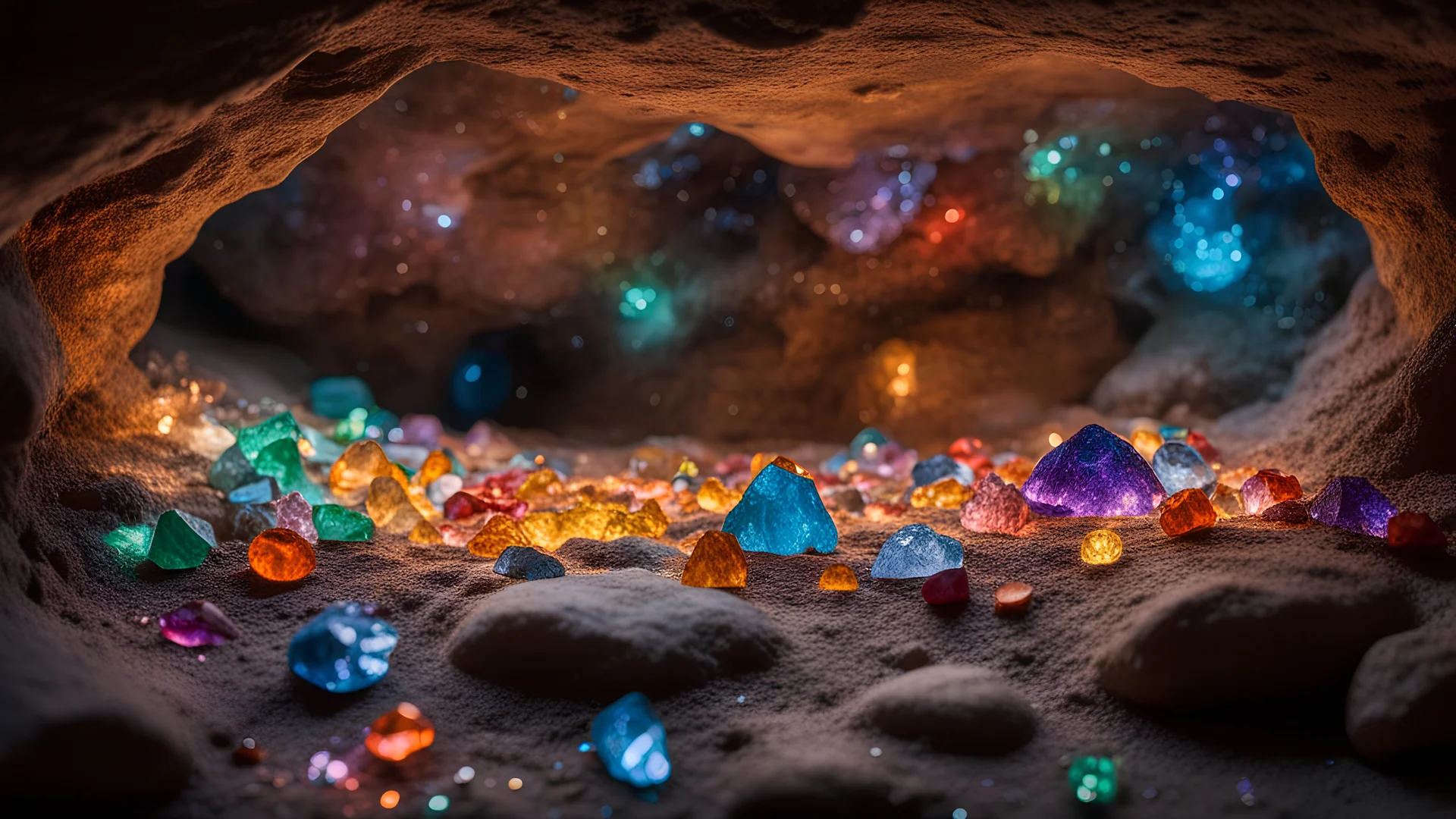 dream world, vast enormous warm underground cave, tiny multicoloured gemstones, twinkling lights, calm beauty, fantasy world, magic, night, darkness, splendor, uplifting, inspiring, therapeutic, chiaroscuro, color, award-winning colour photograph, beautiful composition, Nikon 85mm