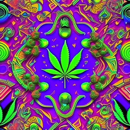 Marijuana, pattern, splash color, bright colors, neon, Psychedelic, detail, 8k, bright light, surreal, flat