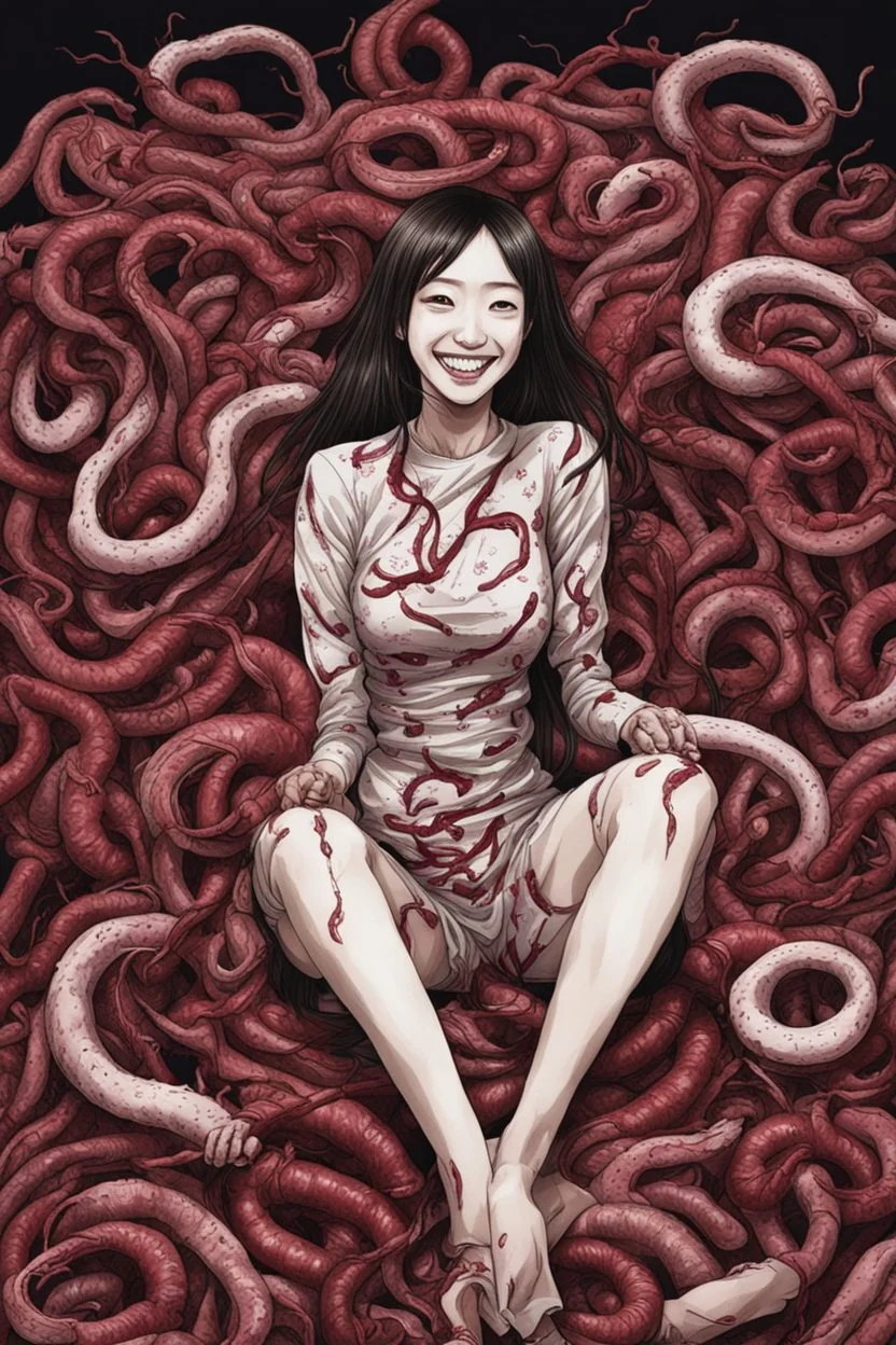 Woman smiling meanwhile many worms streaming from his harm, siting pose, fullbody, Junji Ito style, darkred tones,