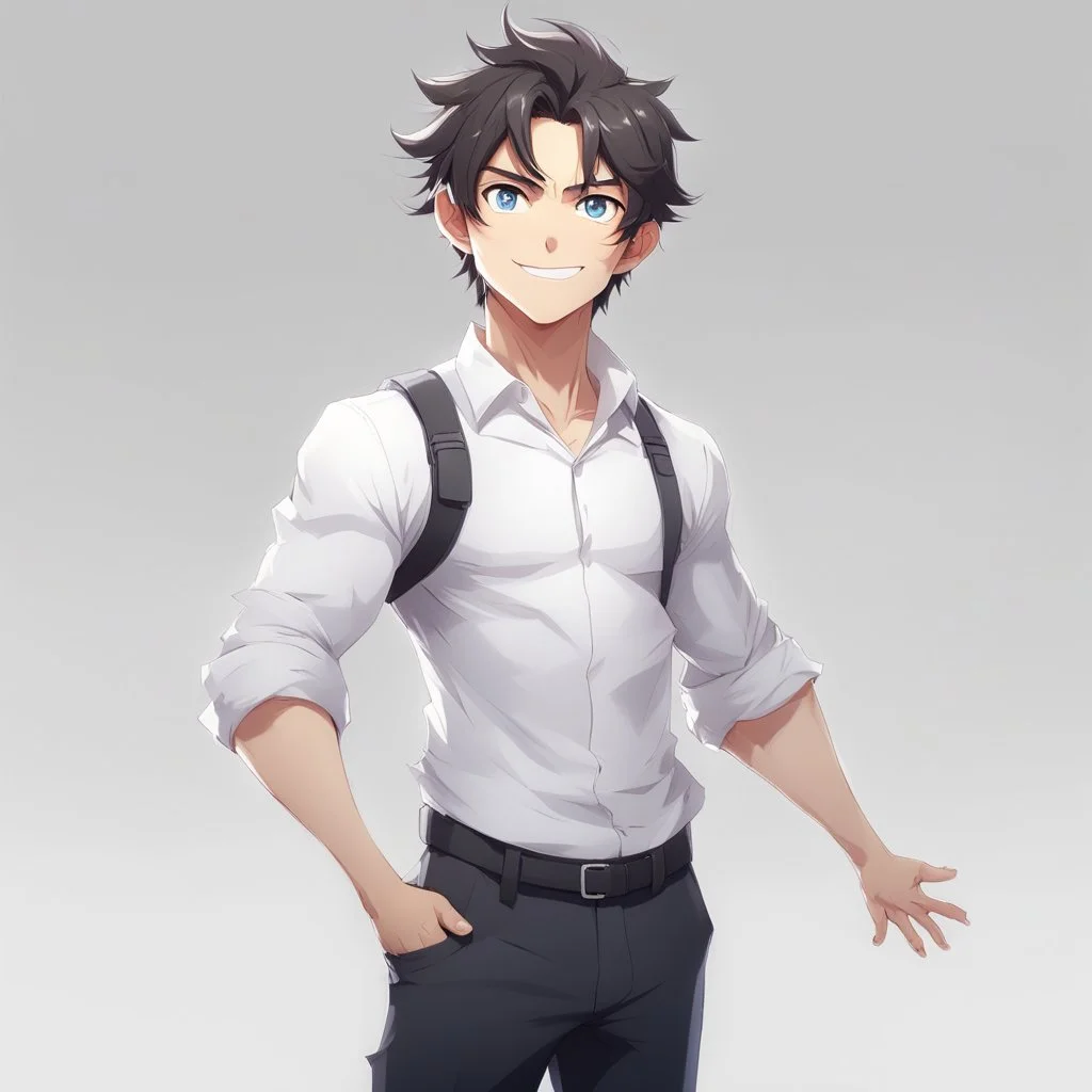 1male, young, assistant, cheerful, facing the camera, center in portrait, arms to the side, standing straight, white background, trending in artstation, anime