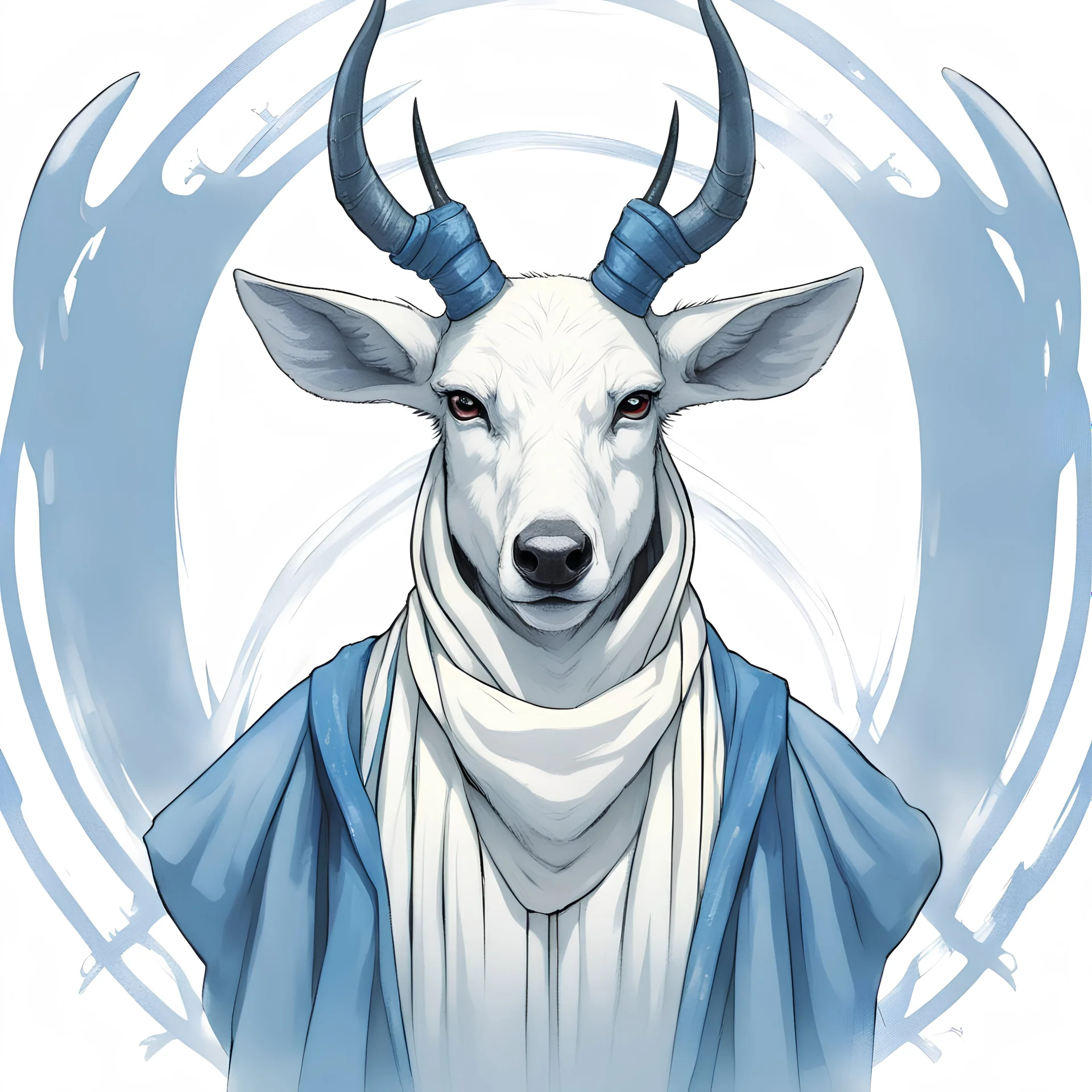 Portrait of a white deer sith with four horns, wearing blue and white robes and a hood