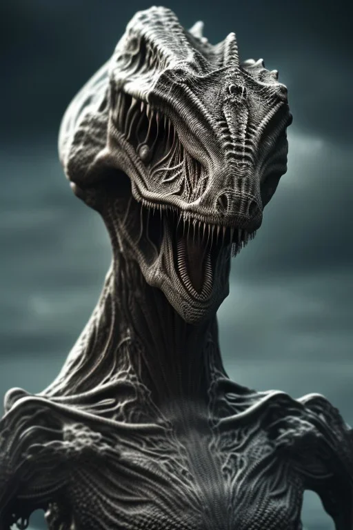 dinosaur alien, head, evil, 8k, finely detailed, photo realistic, HR Giger style