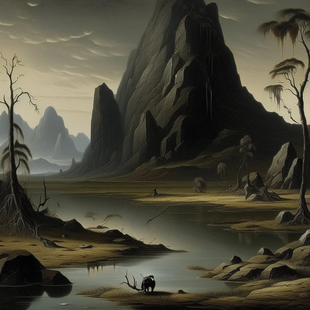 A dark brown mountain with tar pits painted by Caspar David Friedrich