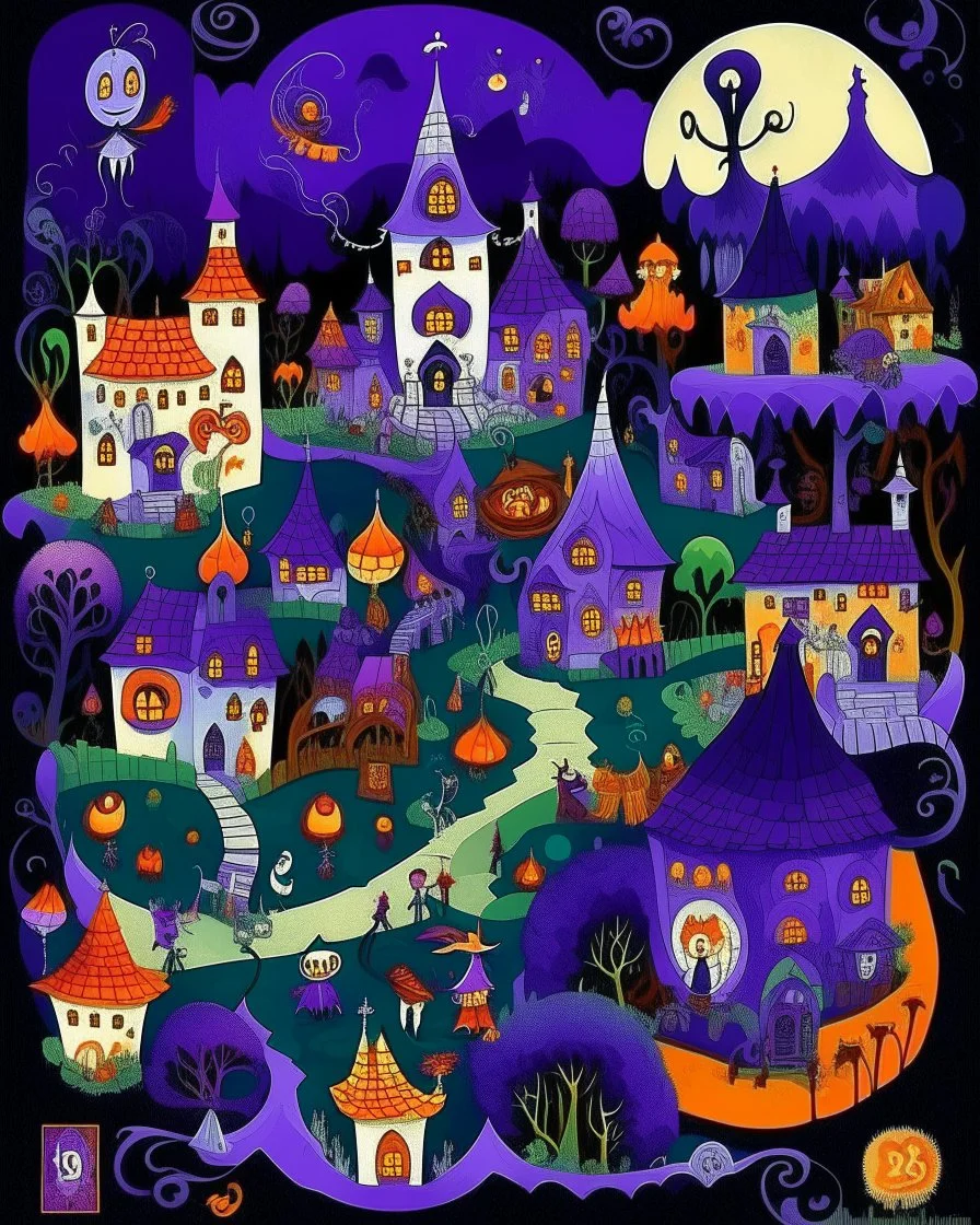 A purple spooky Halloween themed haunted village with ghosts and pumpkins designed in medieval tapestry painted by Wassily Kandinsky