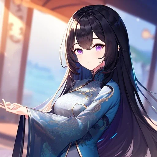 Clear focus,High resolution, Black long fluffy hair, and purple eyes, wearing a chinese dress, cute