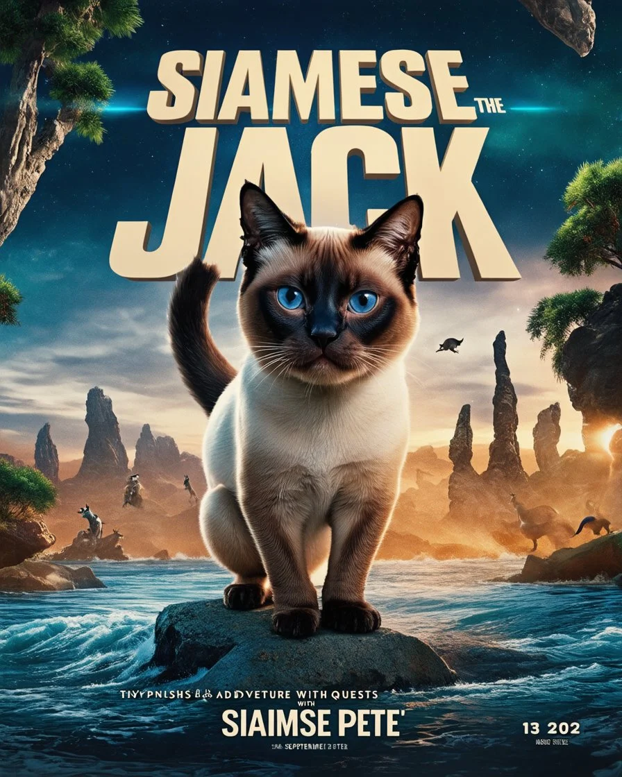 Create a realistic movie poster for 'Siamese Jack the Krack' featuring a siamese in an adventurous setting, with futuristic elements, dramatic lighting, and the tagline 'Tiny Paws, Epic Quests: Unleash the Adventure with Siamese Pete!' with a release date of September 13, 2024