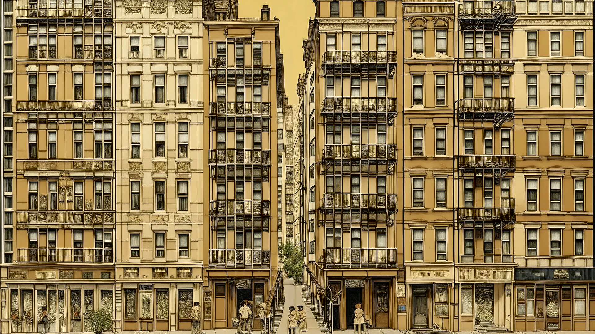 Frontal urban street scene. The setting is a bustling city block with several tall multi-story brownstone buildings in a muted beige color. Each building has a combination of fire escapes, balconies, and windows, some of which are open, revealing people peering out or engaging in various activities. In the foreground, a person rides an old-fashioned yellow bicycle. The street is paved with cobblestones. The drawing captures the essence of a bygone era emphasizing the warmth and community of city