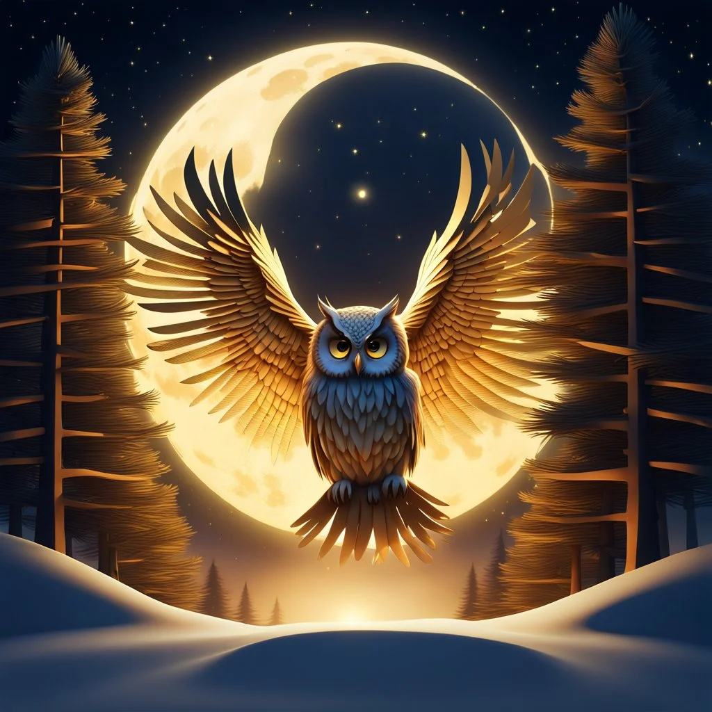 A captivating and mesmerizing 3D render of a striking minimalist silhouette of an owl, transformed into a nighttime scene. The owl's body is filled with a warm golden hue, representing a starlit sky and a radiant full moon. The center features a delicate, flying bird, symbolizing the owl's spirit. Beneath the owl, a serene landscape of pine trees and a resting owl unfolds, creating a sense of tranquility and harmony with nature. This enchanting illustration masterfully blends elements of wildlif