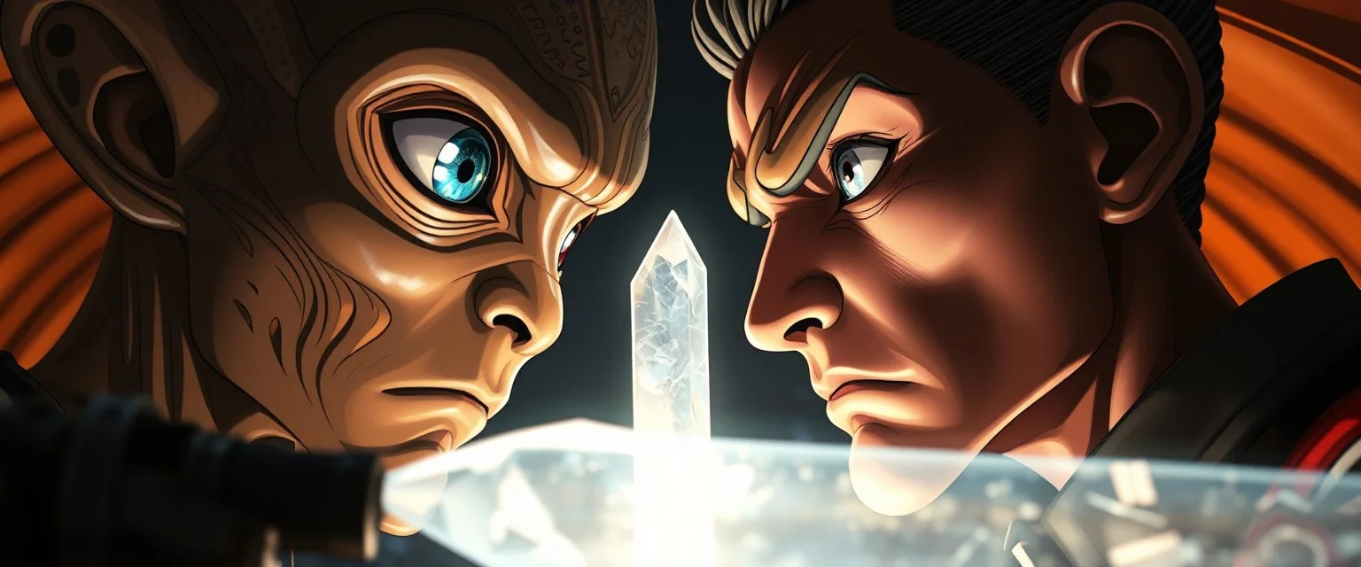 Close-up confrontation between an ancient alien outcast leader and a space broker, standing only a meter apart, clear big real eyes, eye contact, huge glowing crystalline rod between them, anger mixed with sadness, dramatic facial expressions, shallow depth of field, cinematic lighting, stylized 3D anime, airbrush painting, crisp outlines