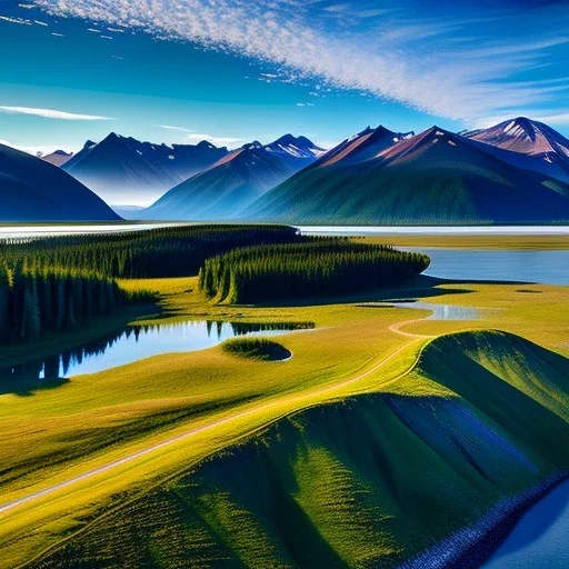 Katmai National Park & Preserve, Alaska,aerial view,extremely detailed digital painting, high resolution,8k, realistic, beautiful, volumetric lighting, mystical colors ,perfectly centered image, perfect composition, rim light, beautiful lighting,masterpiece, stunning scene, raytracing, anatomically correct, in the style Van Gogh and robert e howard and Ken Kelley and Ohrai Noriyoshi and Simon Bisley and tomzj1.