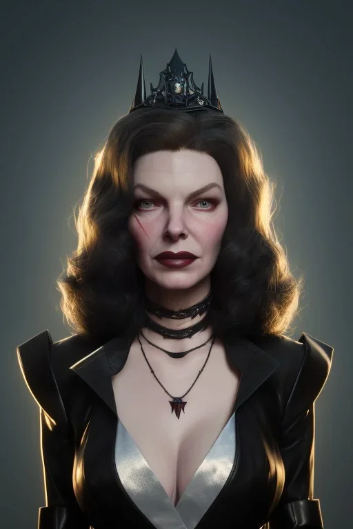 Lauren Bacall as evil queen in black leather, leather, busty, cleavage, angry, stern look. character design by cory loftis, fenghua zhong, ryohei hase, ismail inceoglu and ruan jia. unreal engine 5, artistic lighting, highly detailed, photorealistic, fantasy