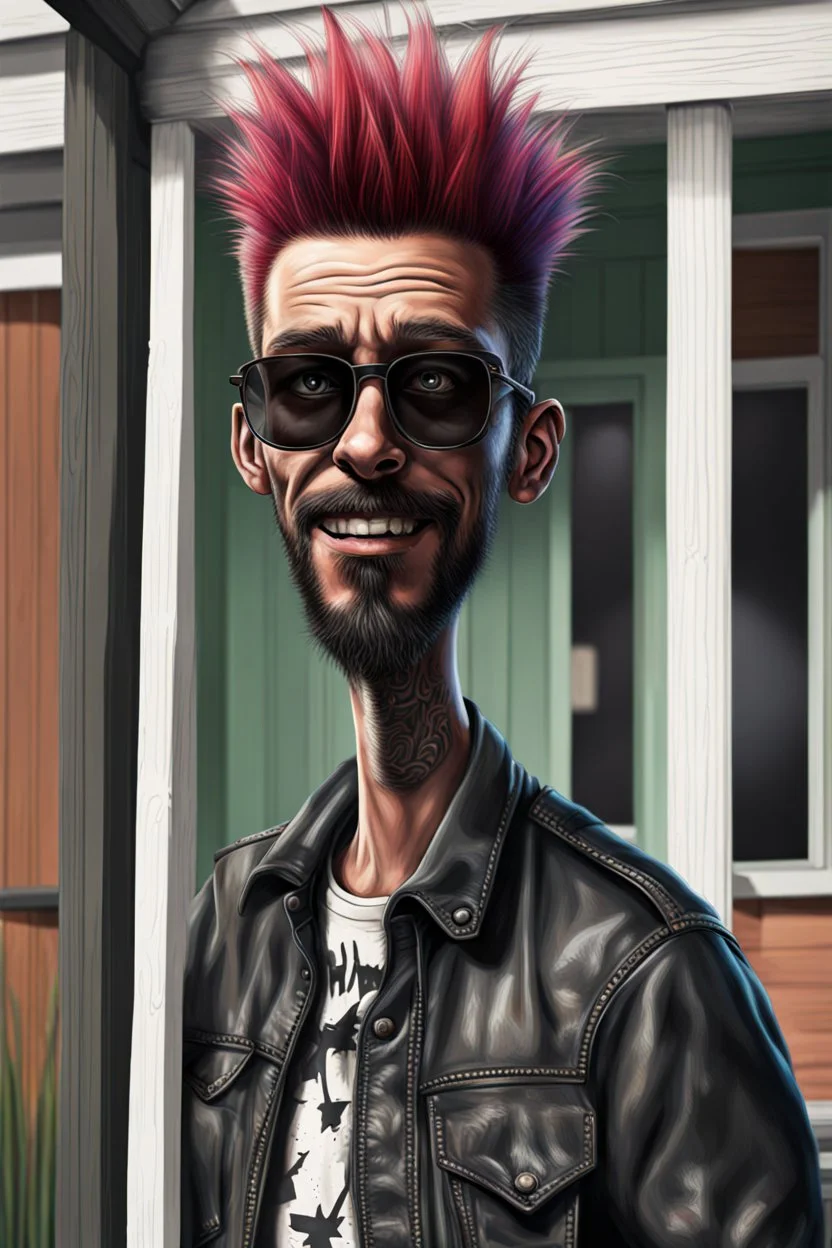 Portrait of a stickman, cool with punk hair, x eyes like in hangman, driving a porch, 3d realistic in colour