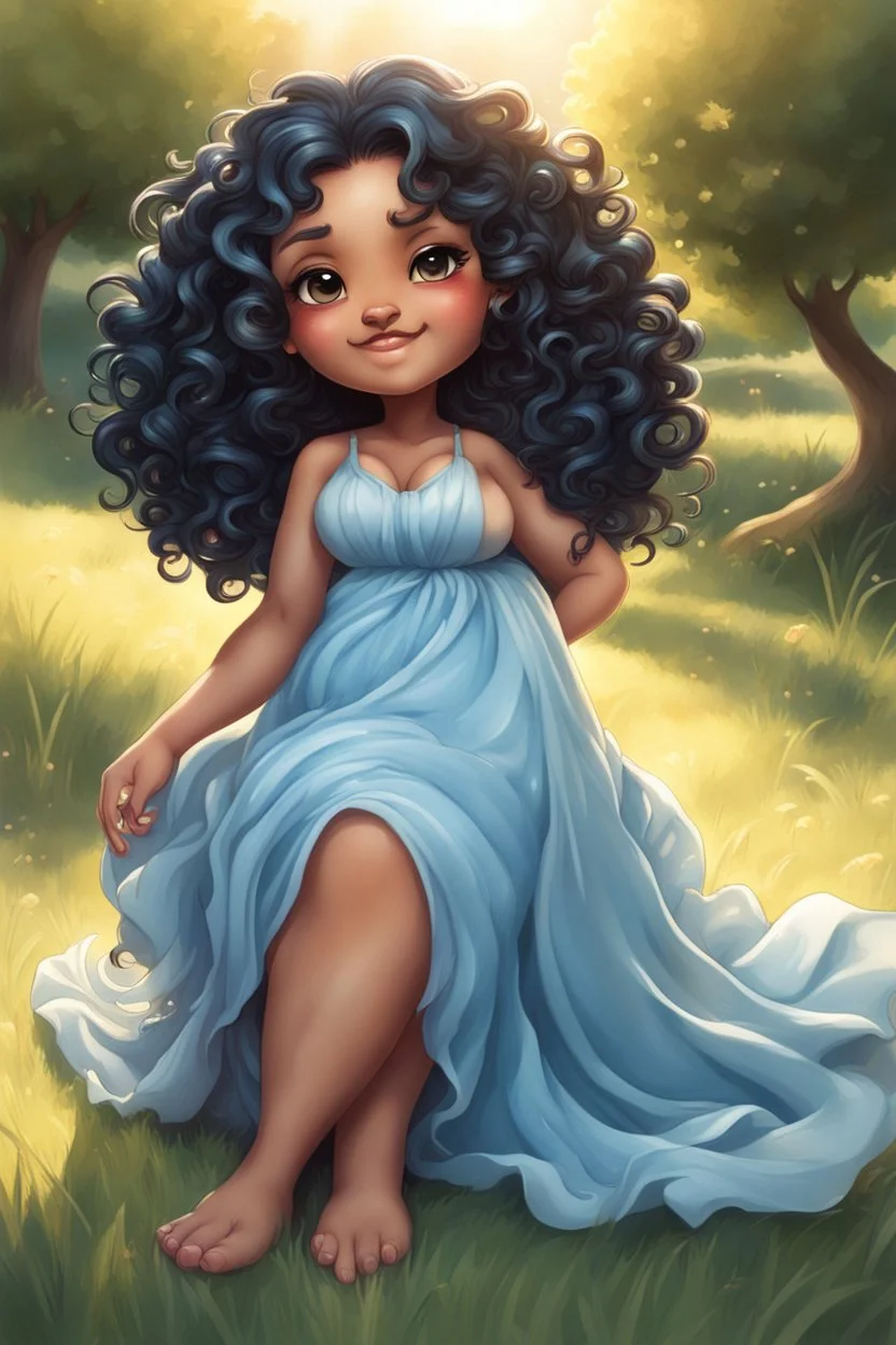 An airbrushed chibi black cartoon of a curvaceous woman with flowing of curly twisted of black hair that's highly detailed, wearing a light blue maxi dress. She sits relaxed on the grass facing the warm sunlight, which illuminates her face as she looks to the side with a small smile, accentuating her prominent makeup and brown eyes.