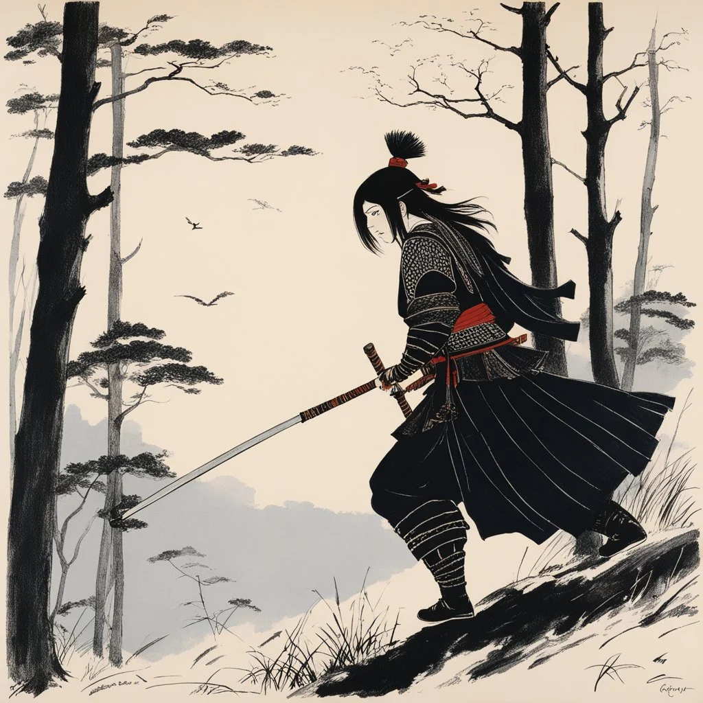 René Gruau's Nomadic samurai female creature at the edge of the wood