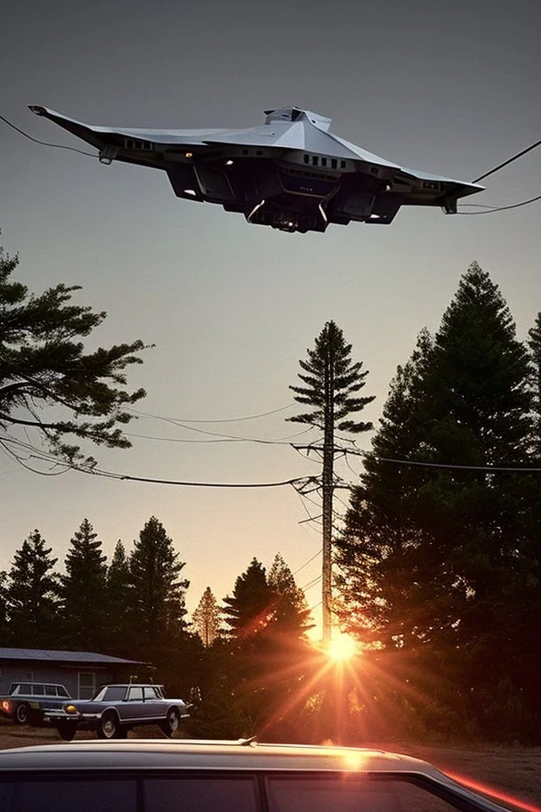 school (kids) see saucer ufo flying over tall pine trees near a high voltage powerline with (three lights underneath) and lots of lights all around the edge, the year is 1966 in color, concept art, by Asaf Hanuka, by Weta Digital, Electric Colors, Screen Space Global Illumination, in a symbolic and meaningful style